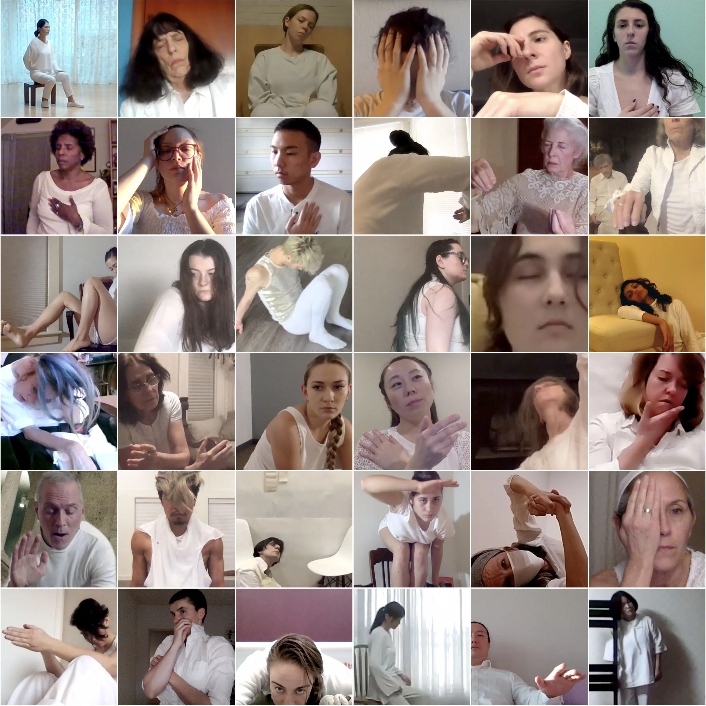 Collage of 36 dancers in different poses, all wearing white