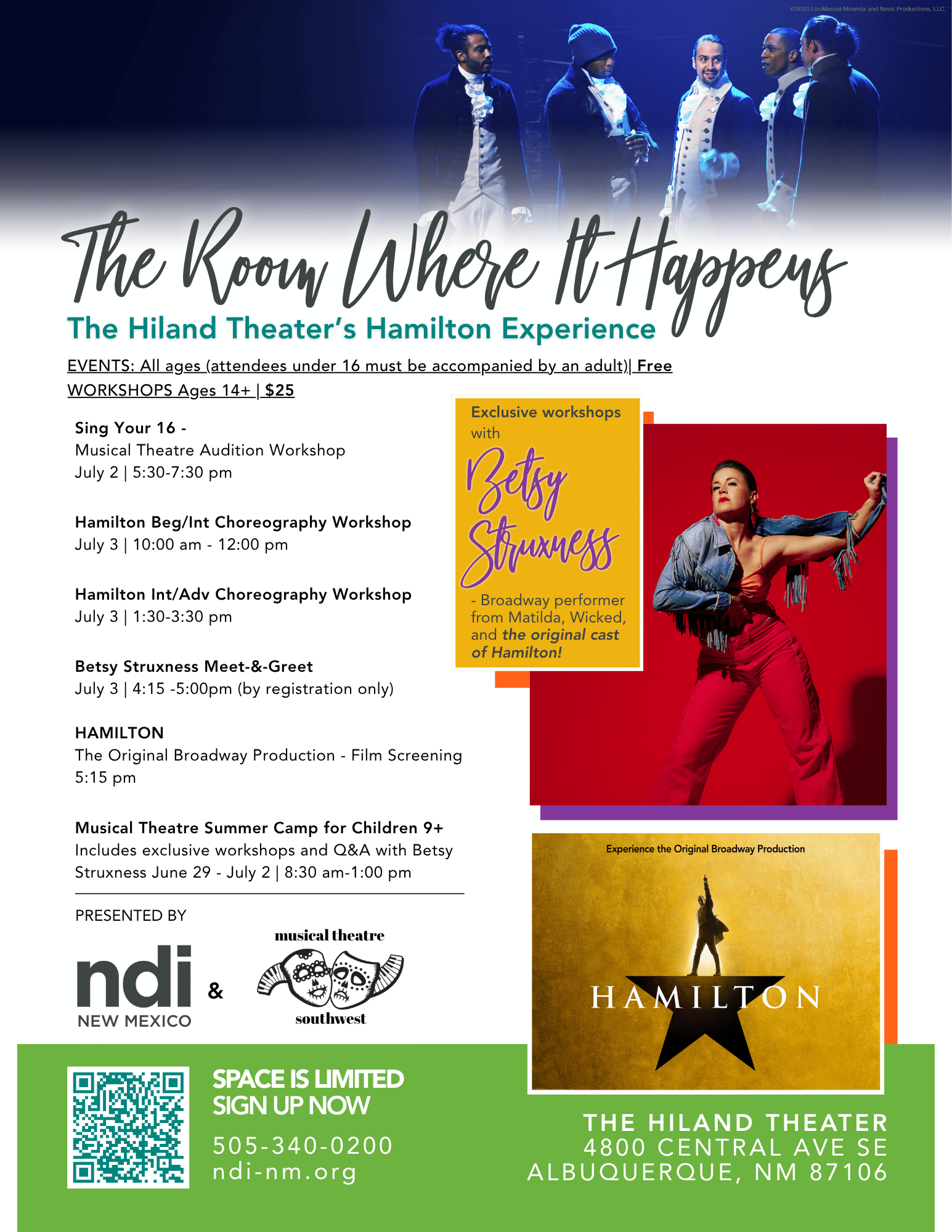 The Hiland Theater's Hamilton Experience Flyer with class listings. Content duplicated from main page content.